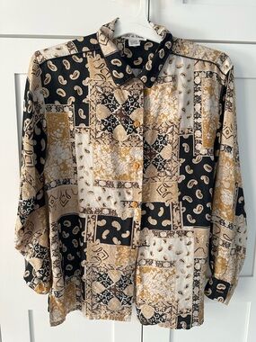 Vintage-Inspired Black & Gold Patchwork Blouse